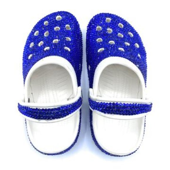 Bling Blue Rhinestones Studded Customized White Clogs Adults - Picture 5 of 6